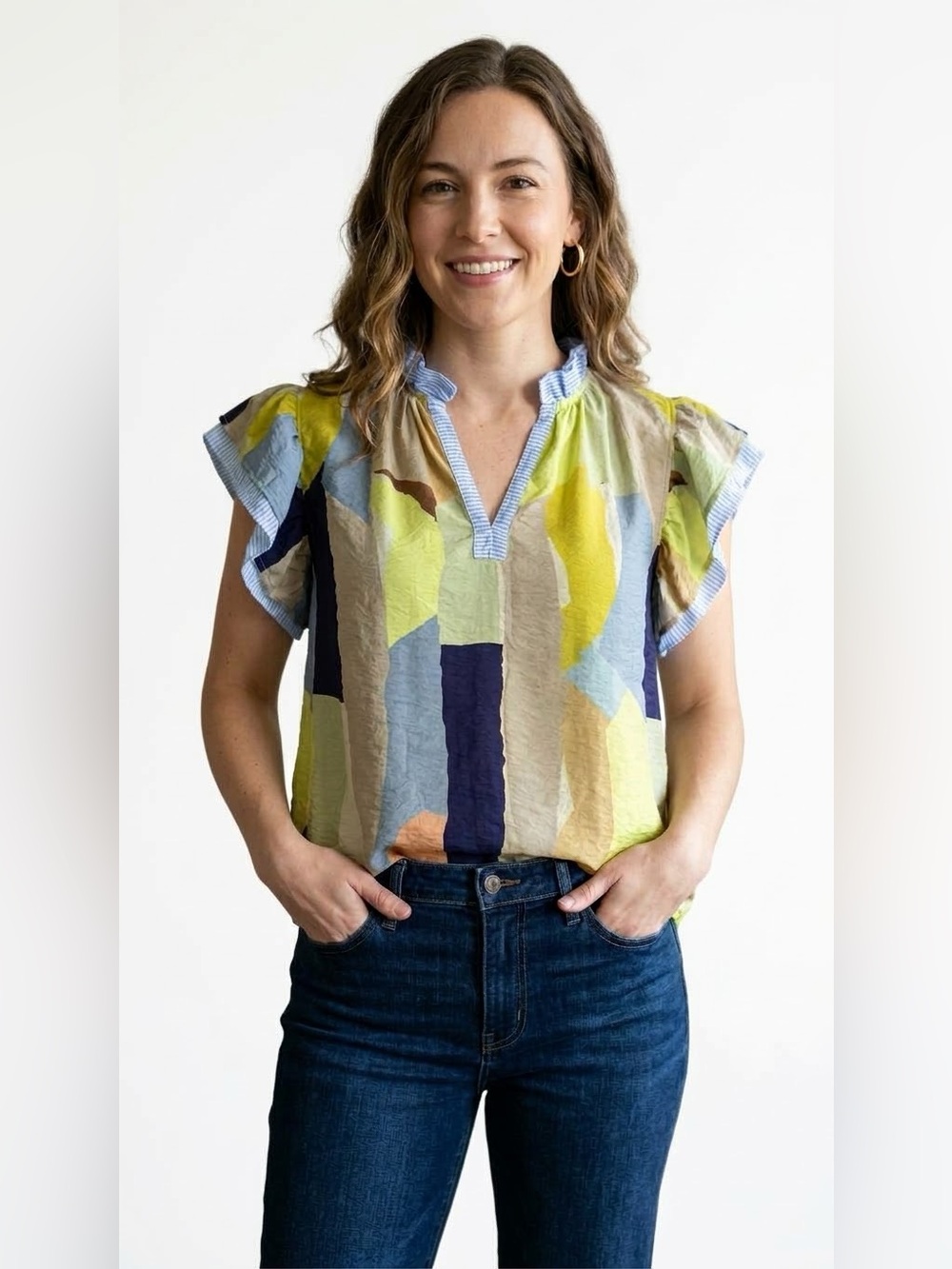 THML Abstract Print Flutter Sleeve Top in Yellow and Blue large